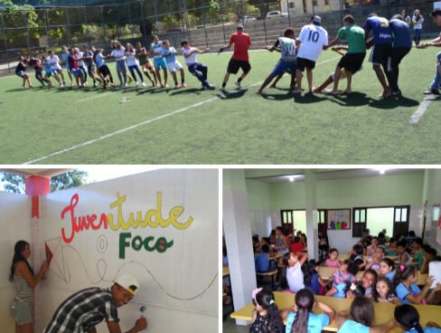 Mosaico que mostra crianças brincando de cabo de guerra, um homem pintando um quadro e um grupo de crianças em um refeitório.